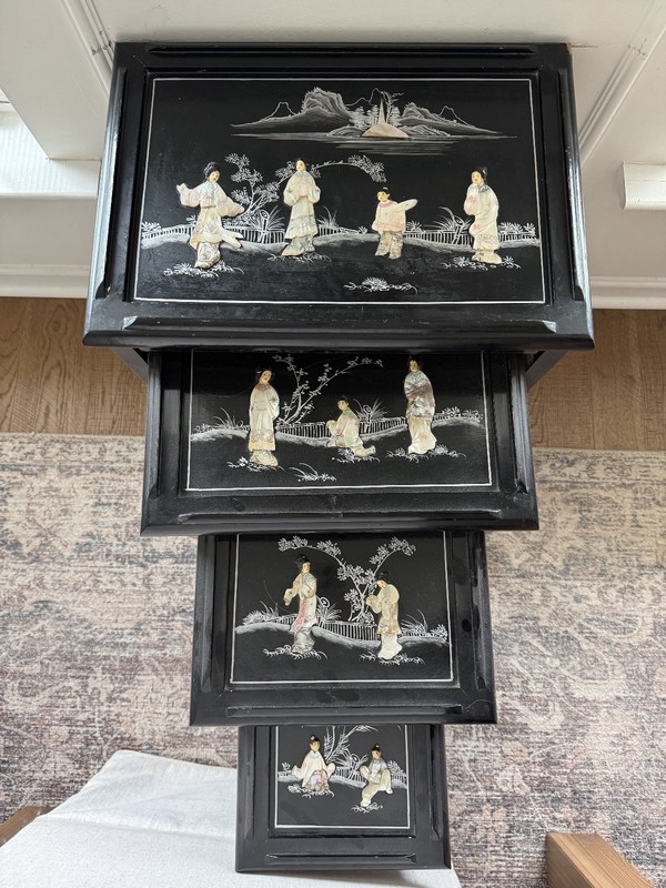 Asian Oriental Set of 4 Nesting Stacking Tables with Mother of Pearl - Antique gallery
