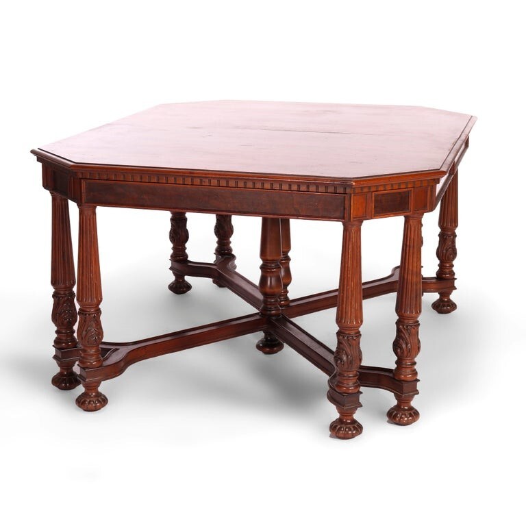 Antique Neoclassical Carved Walnut & Burl Dining Table Circa 1930 gallery
