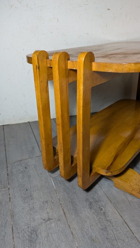 Antique 1930s Art Deco Streamline Moderne Waterfall Blonde Wood Coffee Table B33 gallery