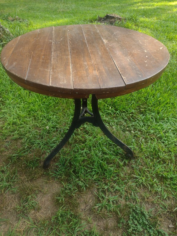 Antique Industrial Iron Table Tri-Pod Base Round Wooden Top Old Tavern Table gallery