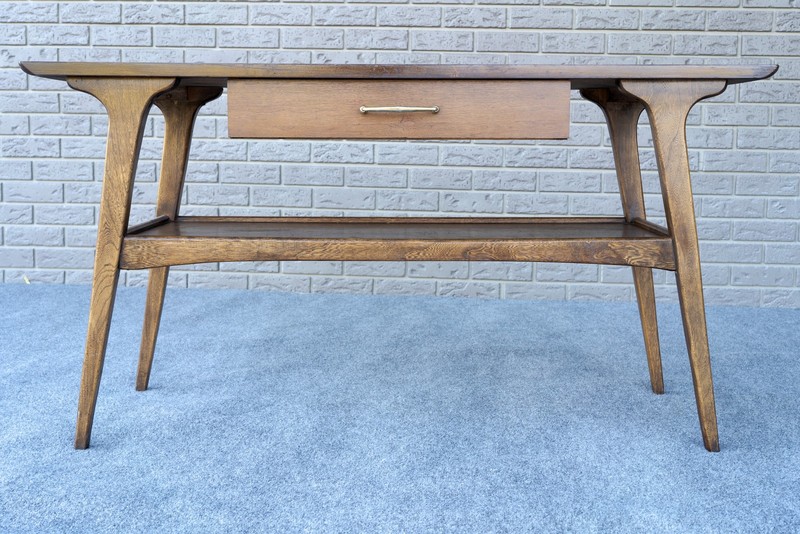 Mid Century Danish Modern Pearsall Style Walnut & Ash Two Tier Console Table gallery