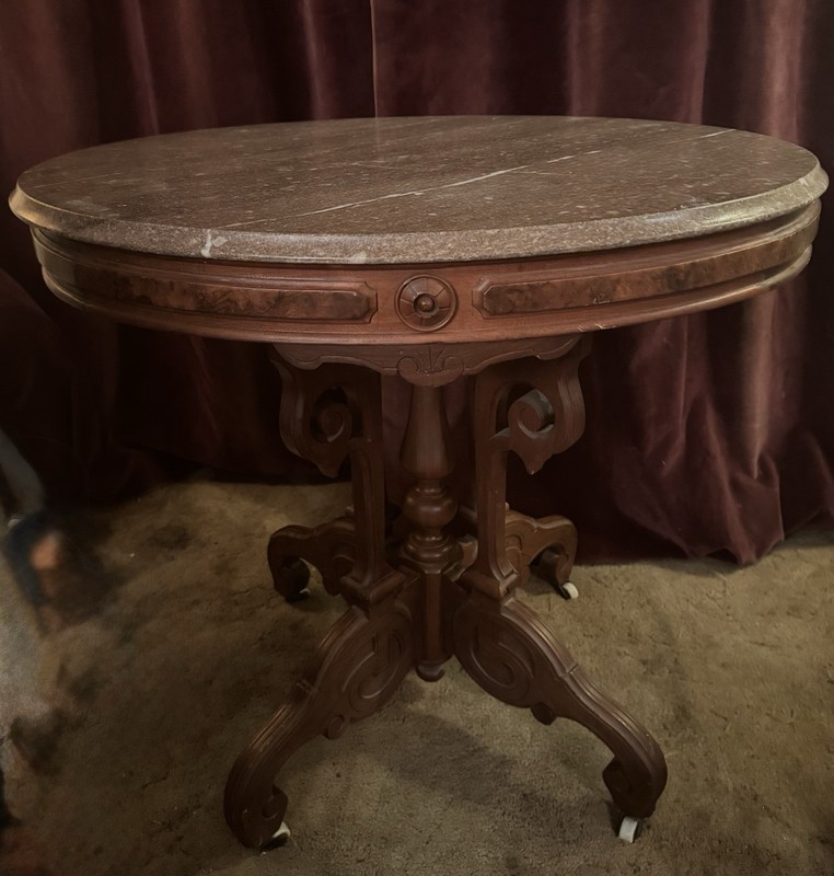 Antique Victorian Oval shaped Marble Top Walnut Parlor Table