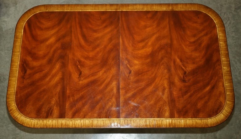 Flamed Mahogany & Walnut Based Tripod Extending Dining Table Brass Castors gallery