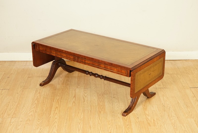 VINTAGE BEVAN FUNNELL EXTENDING MAHOGANY COFFEE TABLE WITH LEATHER TOP gallery