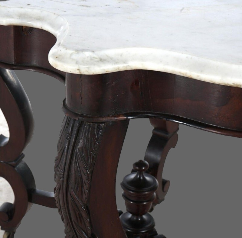 Antique Victorian Foliate Carved Walnut & Beveled Marble Turtle Top Table gallery