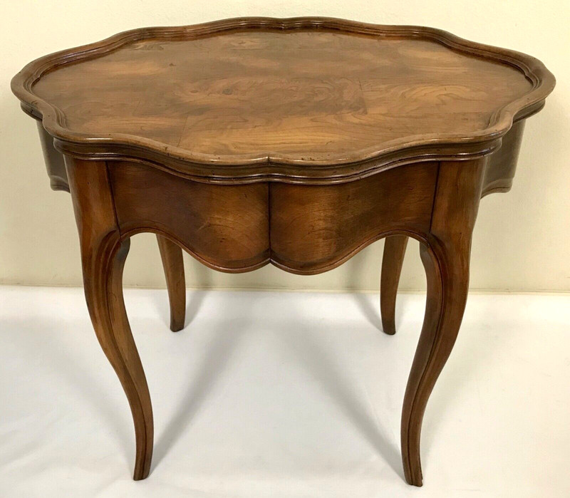 Vintage Pair Louis XV Solid Maple & Burl Inlaid Scalloped Edge Side End Table gallery