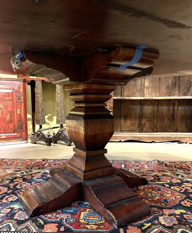 Large Round Continental Walnut Dining Table w/ Carved Pedestal and Nailwork Edge gallery