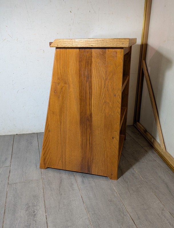 Vintage Mid Century Modern Oak Wood Telephone Table Slanted Nightstand Shelf A gallery