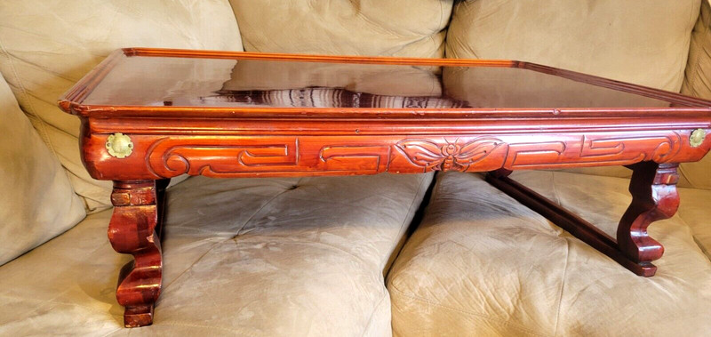 ASIAN KOREAN LOW PROFILE FOLDING LEGS CARVED WOODEN WOOD COFFEE TEA TABLE ANTIQE gallery