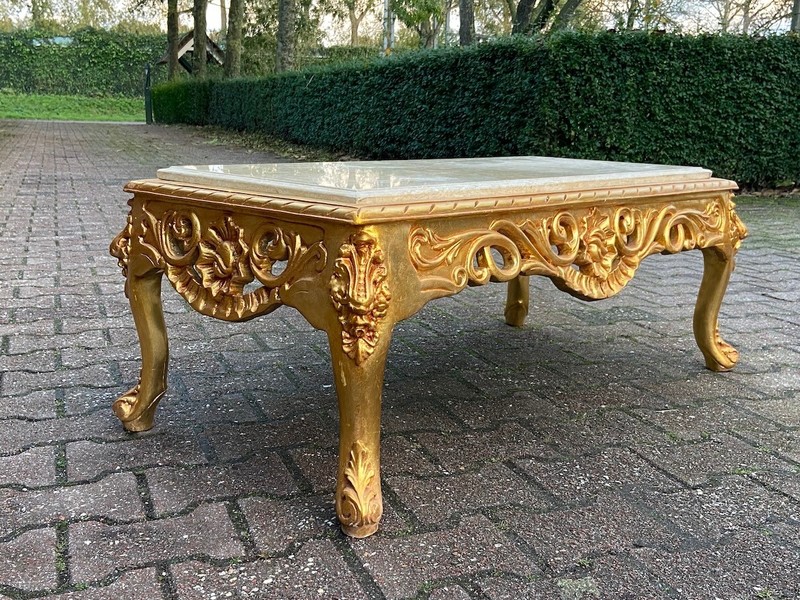 Table Italian Baroque Gilt Beech Marble Coffee Vintage 1970s Elegant