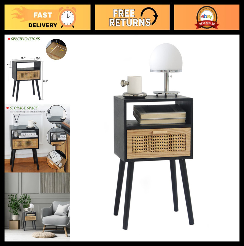 Mid Century Modern End Table with Rattan Drawer & Shelf, Small Side Table for Li