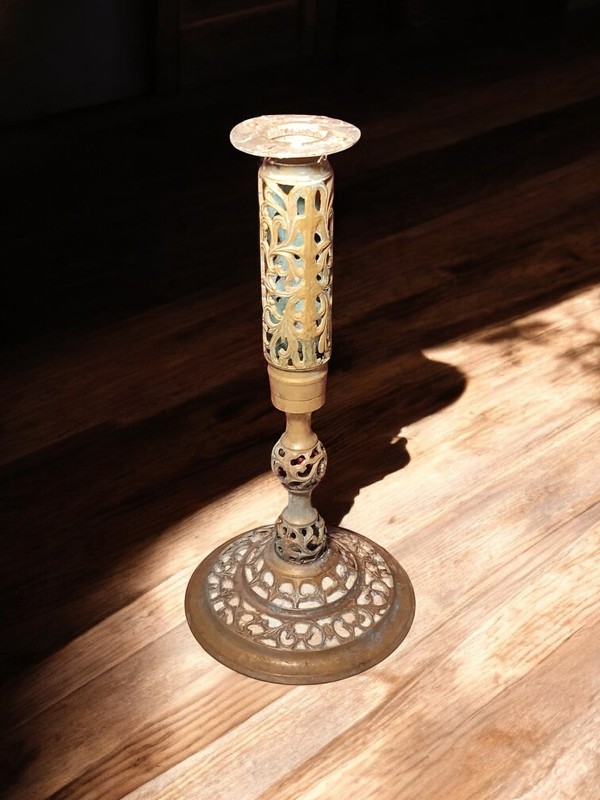 Brass Filigree Pedestal Table Base 16.75” Tall Ornate Victorian Style