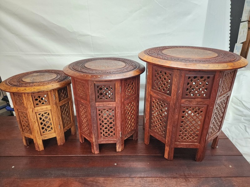 1950’s Anglo-indian Octagonal carved Collapsible Side Tables W/ Brass Inlay 2DD