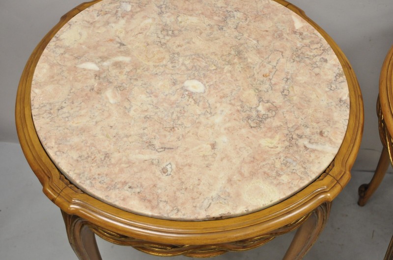 French Provincial Hollywood Regency Round Pink Marble Top Side Tables - a Pair gallery