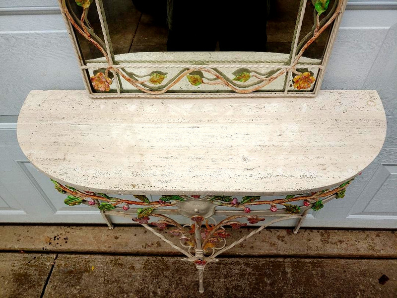 WONDERFUL 1920'S HAND WROUGHT IRON MARBLE TOP DEMILUNE HALL TABLE & MIRROR gallery