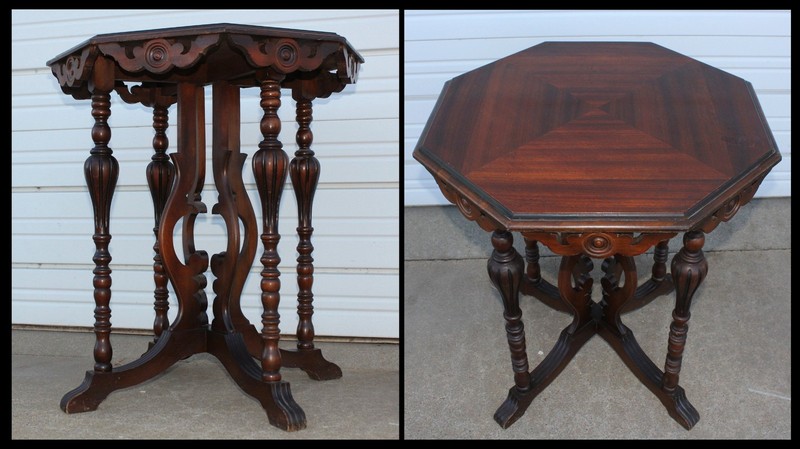 Vintage Octagon Mahogany Hall Entry Parlor Lamp Table 4 Pillars Rosette Fretwork