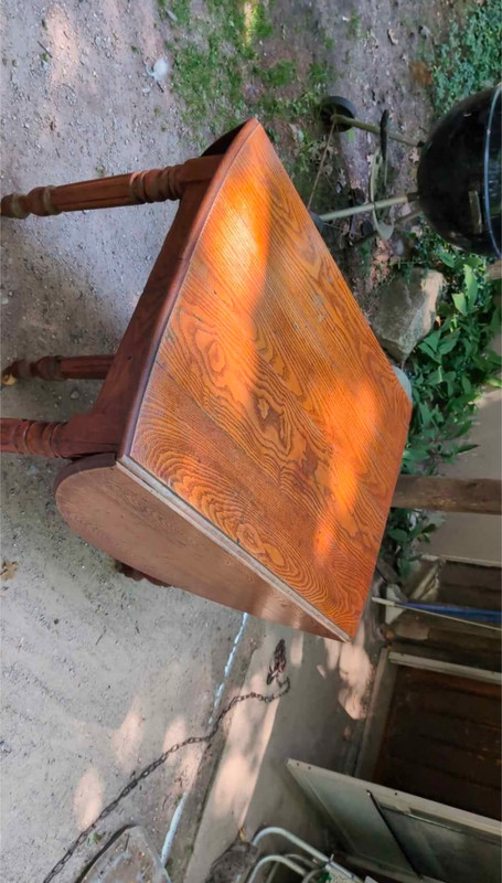 6 legged 100+ year old oak drop leaf table, table top is a little beat up gallery