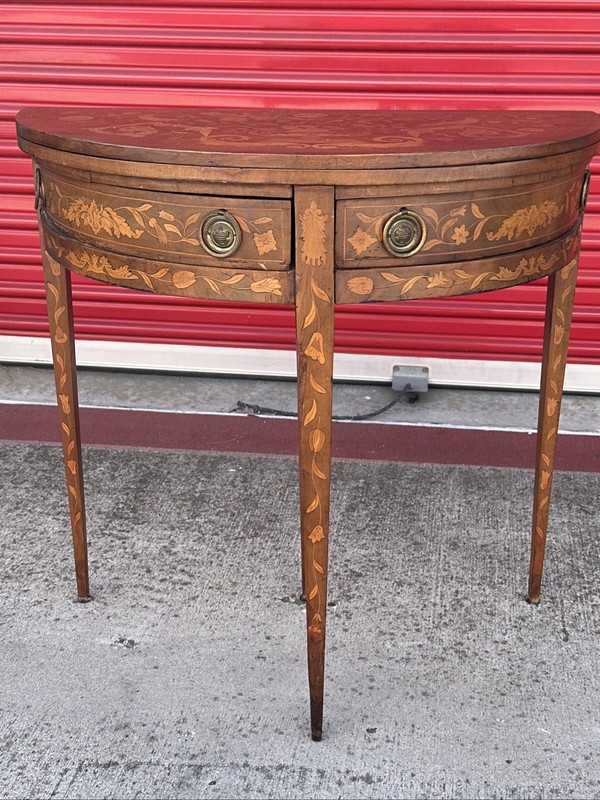 Antique Dutch Marquetry Inlay Flip Top Demilune Console Game Table DAMAGED