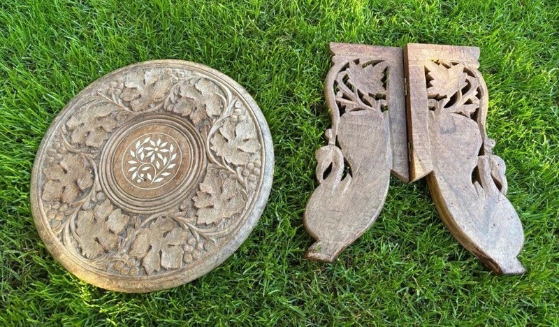 Antique Indian carved teak Hoshaipur Low side lamp table Offering Table gallery