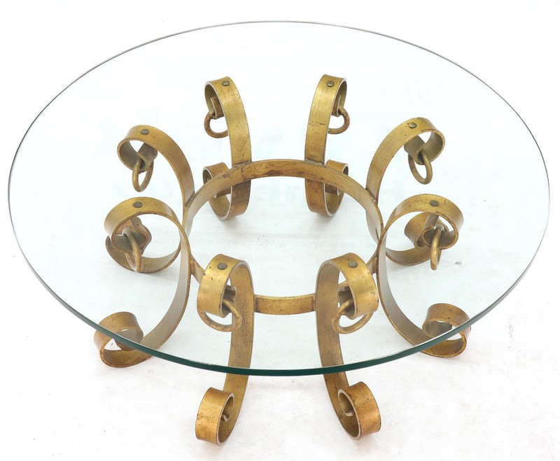 Round Decorative Gilt Wrought Iron Base Glass Top Sunburst Coffee Table MINT! gallery