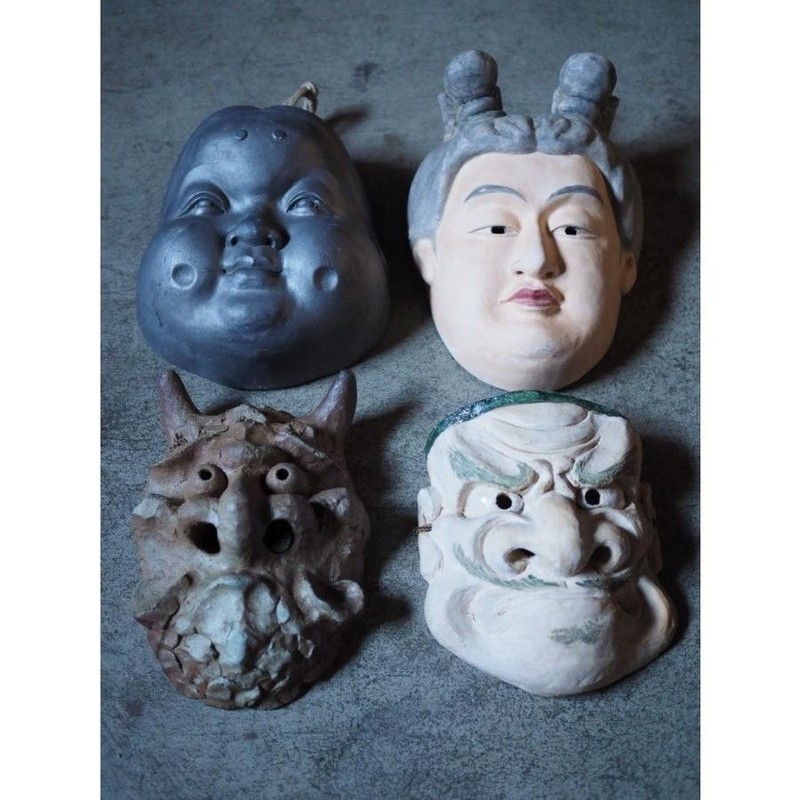 Japanese Ceramic Display Mask Set 4 Mid-Showa Koro-ten Used H1465