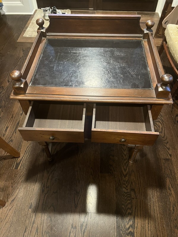 Vtg Leather Top Accent Table with 2 Drawers & Bottom Shelf gallery