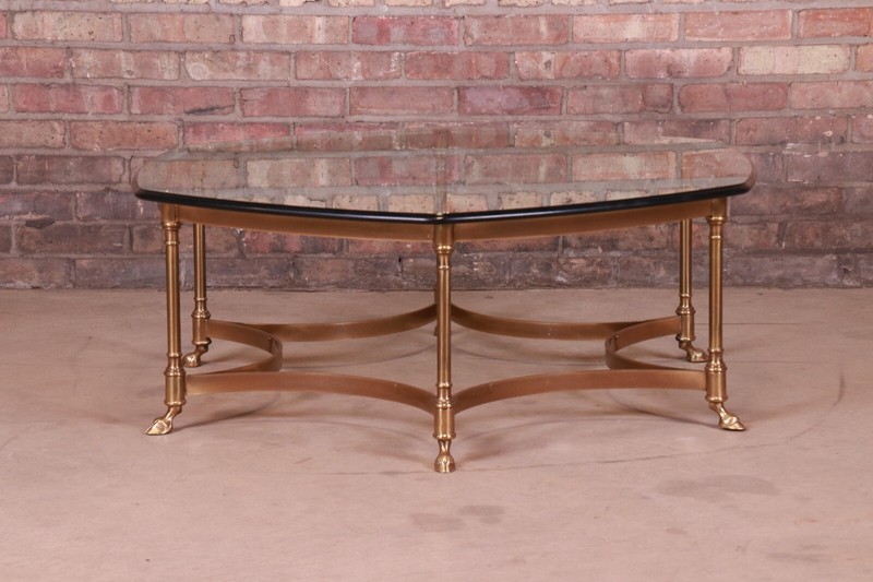 Labarge Hollywood Regency Brass and Glass Hooved Feet Cocktail Table, Circa 1960 gallery