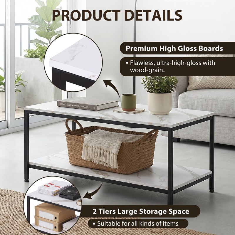 39.4Inch 2 Tier Modern Industrial Coffee Table W/Storage Shelf Metal Frame White gallery