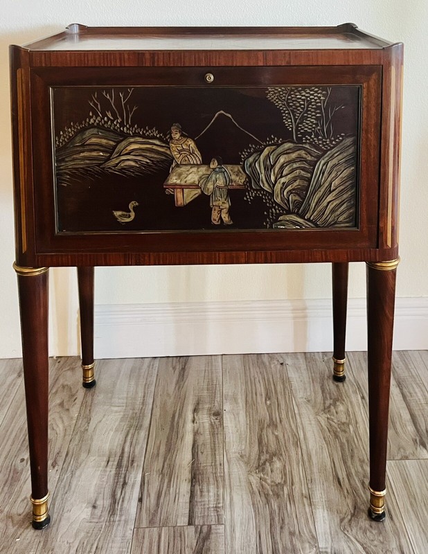 Antique 1920sFrench Japanned Serving Table Parquet, Glass Panels Carved Wood EUC