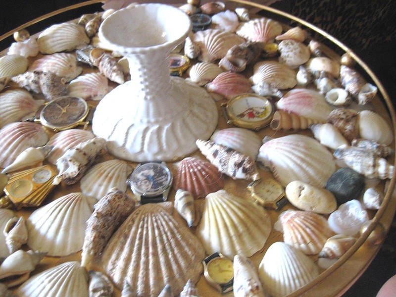 Folk Art Table-16"x24"-Shells, Watches. Candle Holder by DeDe Shamel gallery