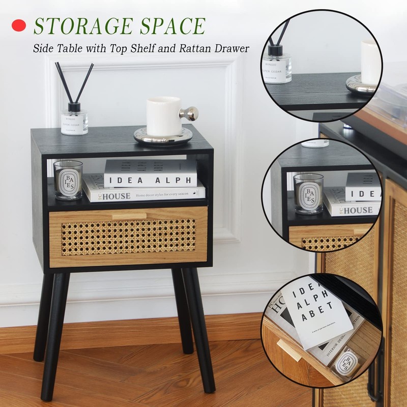 Mid Century Modern End Table with Rattan Drawer & Shelf, Small Side Table for Li gallery