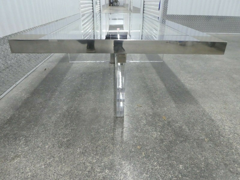 SUPERB STAINLESS STEEL , BRASS AND LUCITE RECTANGULAR COFFEE TABLE gallery