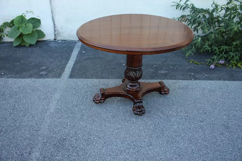 Antique Empire Style Walnut Round Center Table with Claw Feet, Elegant Pedestal gallery