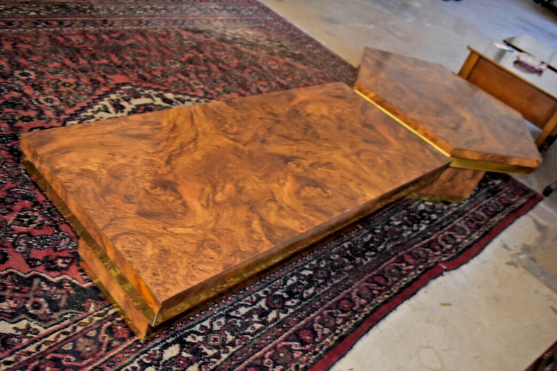 Mid Century Milo Baughman Burled Walnut, Brass Coffee Table Set, Hexagon Table gallery