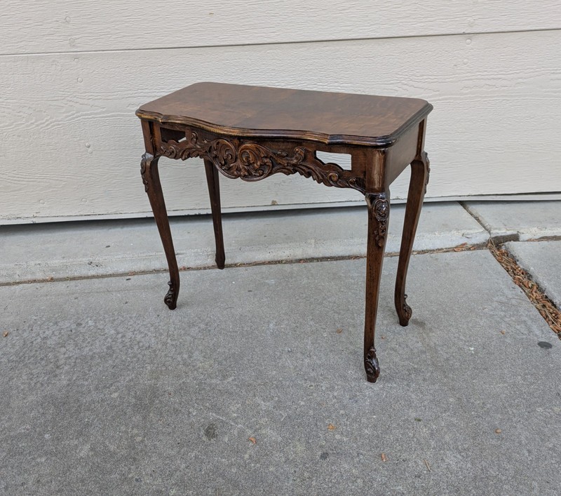 Vintage French Provincial Burl Walnut Side Entry Table Carved Wood Louis XV J76 gallery