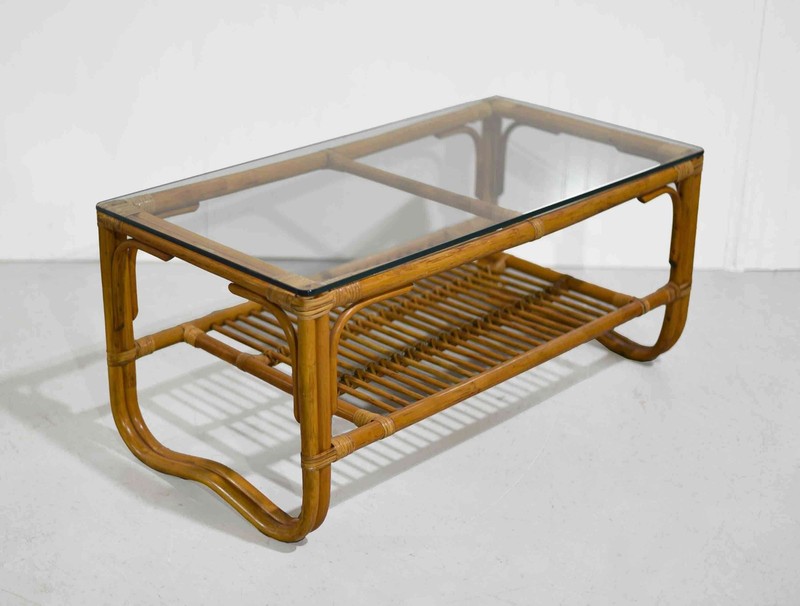Vintage Palm Beach 2 Strand Rattan Bamboo Coffee Table Style of Franco Albini gallery