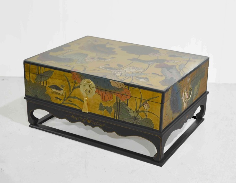 Mid Century Chinoiserie Gold Lotus & Birdlife Motif Coffee Table gallery