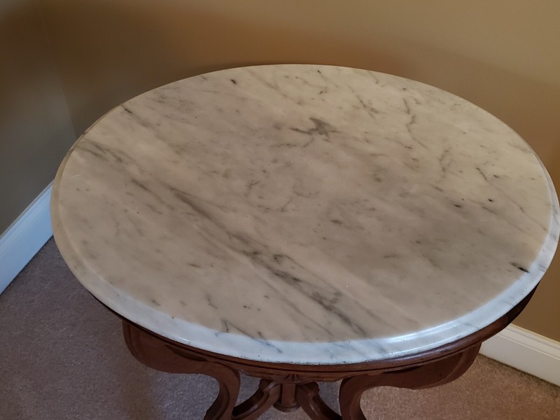 Antique Oval Walnut Marble Top Parlor Table 1800's gallery