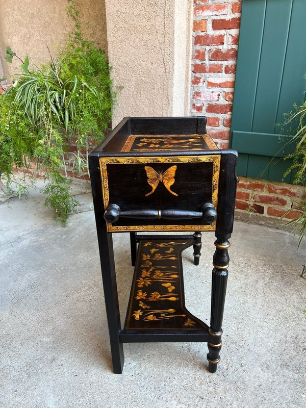 Antique English Sofa Side Table Decoupage Botanical Floral Black Gold c1890 gallery
