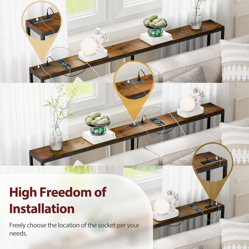 Console Table with Power Outlet Narrow Sofa Table 70.8" Behind Couch Table Brown gallery