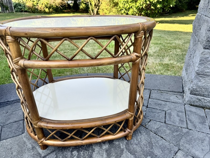VTG MCM Bamboo Rattan 2 Tier Cocktail Coffee Table W/Formica Top L25xH22xW18” gallery