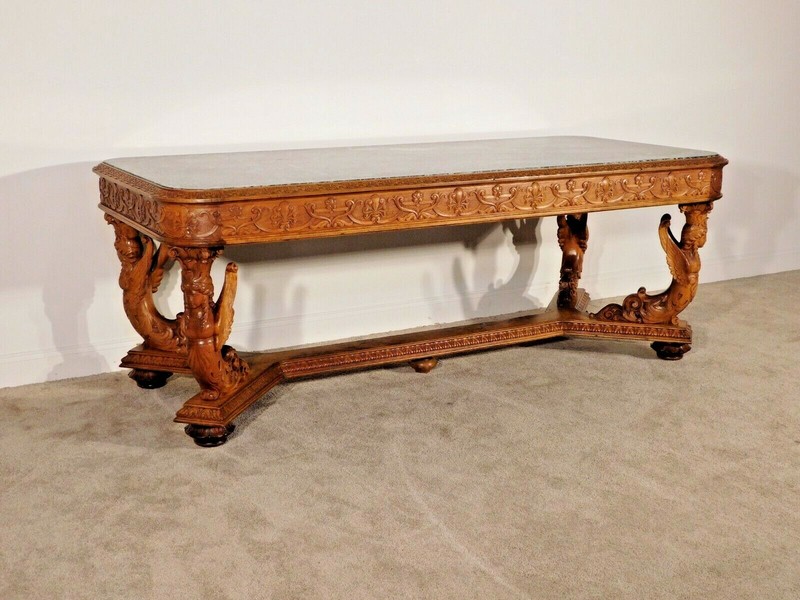 MONUMENTAL R J Horner 1870s 80s Carved Burl Walnut Library Center Entrance Table gallery