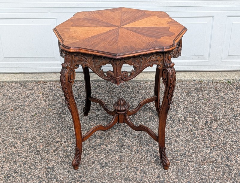 Antique French Louis XV Style Table, Inlaid Top, Carved Sides, 4 Joined Legs gallery