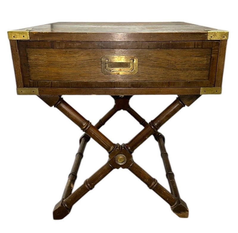 Campaign End Table Hekman Walnut With Drawer X Base Faux Bamboo