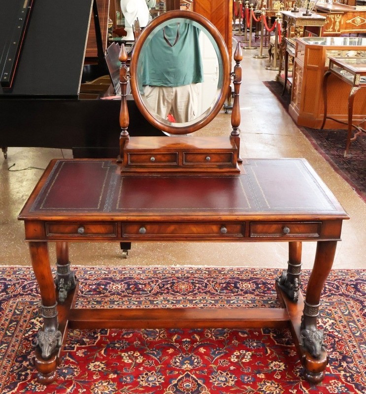 Theodore Alexander Mahogany Leather Tooled Rams Head Vanity Dressing Table gallery