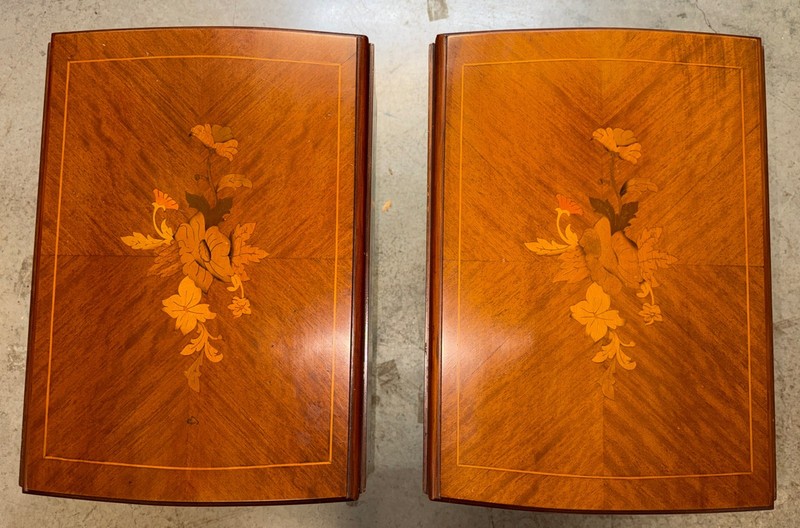 Pair Of 1920’s Inlaid French Style Marquetry Inlaid Drop Leaf End Tables gallery