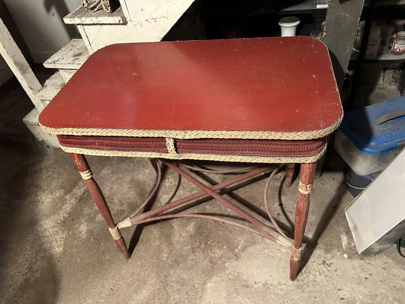 Antique Vintage Red Wicker Sofa Console Table Heywood Wakefield Original Paint