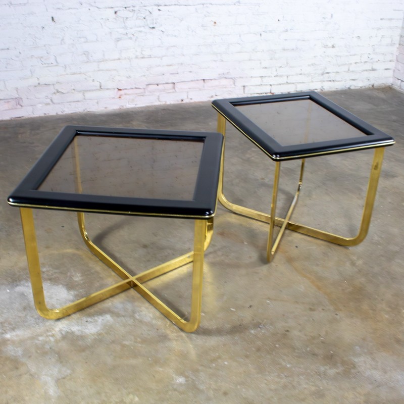 Modern End Side Tables 1 Rectangle 1 Square Glass Inset Tops & Brass Plate Bases gallery