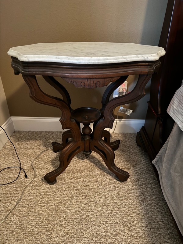 Antique Victorian Marble Top Turtle Top Stand – Excessively Carved PICK UP ONLY gallery