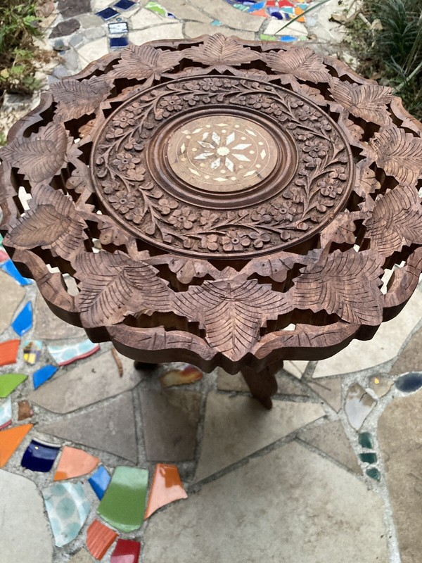 Vintage India Hand Carved Teak Wooden Folding Accent Table With Inlay gallery